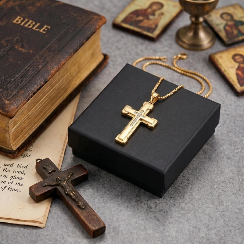 14K Gold Plated Cubic Zircon Cross Pendant Necklace for Men Birthdays Anniversary Christmas Father's Day Gift