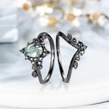 Sterling Silver 2CT Moss Agate  Engagement Wedding Ring Sets for Women