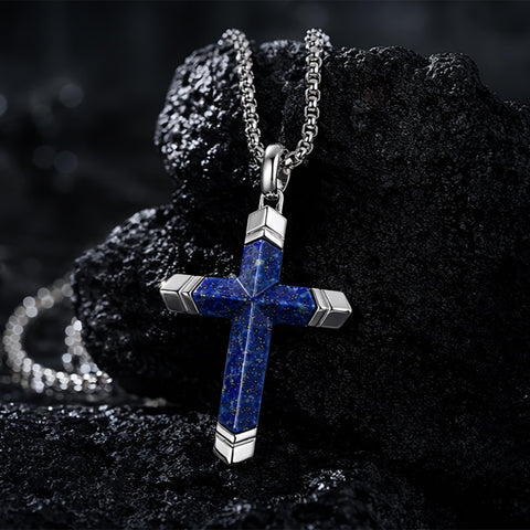 14K Gold Plated Turquoise Lapis Lazuli Cross Necklace for Men with Adjustable Chain