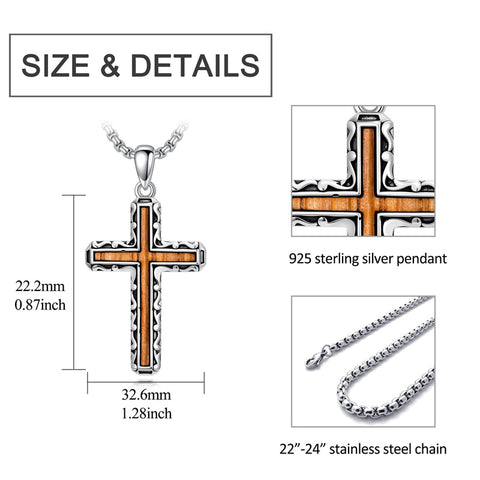 Sterling Silver Wooden Cross Pendant Necklace