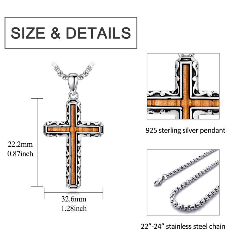 Sterling Silver Wooden Cross Pendant Necklace
