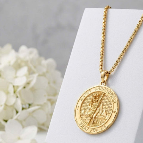 Christian Religious Medal Amulet 14K Gold Plated Pendant  Necklace