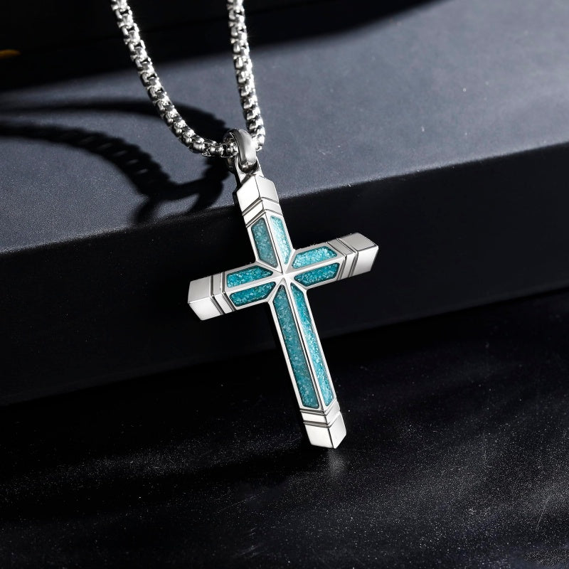 14K Gold Plated Turquoise Malachite Cross Necklace for Men Christianity Cross Jewelry