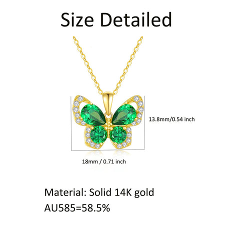 14K Solid Gold Butterfly Necklace for Women Real Yellow Gold Butterfly Pendant Necklace, Jewelry Gift for Her, 16+1+1 Inch