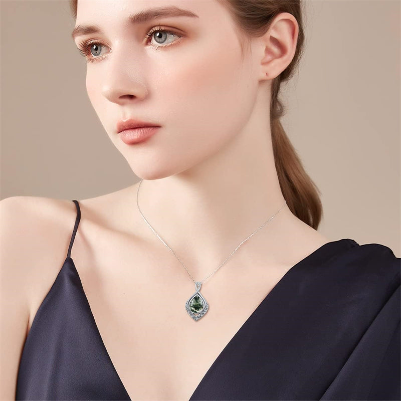 Sterling Silver Moss Agate Celtic Knot Rose Claddagh Filigree Pendant Necklace
