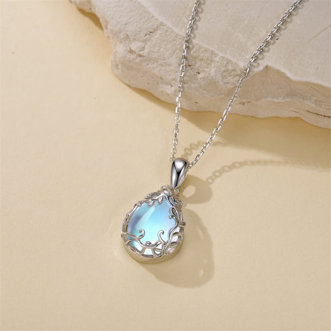 Teardrop Moonstone Necklace for Women,925 Sterling Silver Created Water-Shaped Moonstone Cage Filigree Necklaces,Anniversary Birthday Jewelry Gift