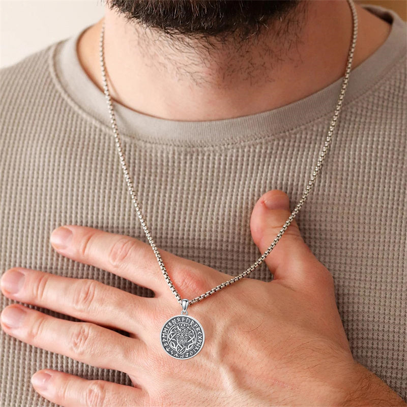 Sterling Silver Viking Raven Bear Odin Wolf Pendant Necklace for Men