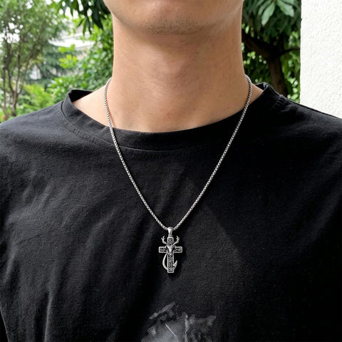 Sterling Silver Praying Hands Angel Sword Wing Cross Pendant Necklace Religious Gifts for Men
