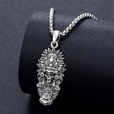 Sterling Silver Mictlantecuhtli Quetzalcoatl Tezcatlipoca Skull Pendant Necklace Aztec Jewelry