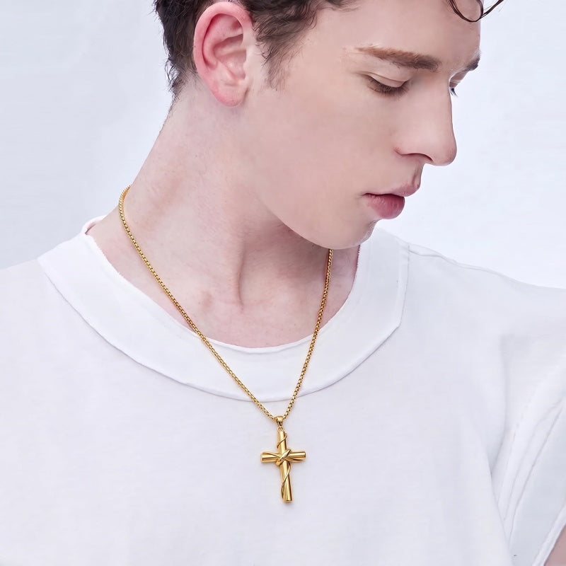 14k Gold Plated Cross Deer Antler Celtic Knot Sword Twisted Rope Cross Pendant Necklace for Men