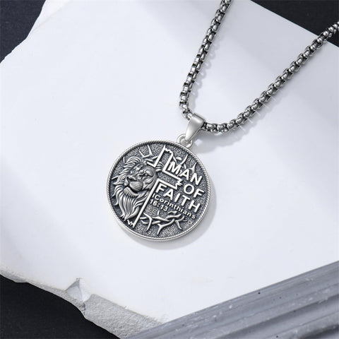 Sterling Silver Faith Bible Lion Pendant Necklace for Men