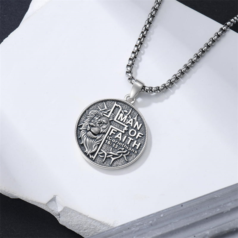 Sterling Silver Faith Bible Lion Pendant Necklace for Men