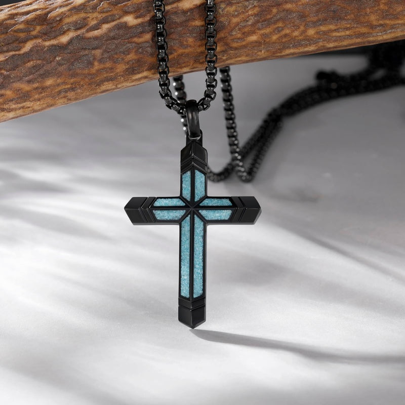 14K Gold Plated Turquoise Malachite Cross Necklace for Men Christianity Cross Jewelry