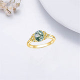 Solid 14K Real Gold Green Moss Agate Engagement Ring Promise Bridal RingWedding Bands Natural Moss Agate Ring for Women