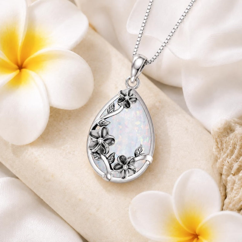 14K  White Gold Plated White Opal Flower Pendant Necklace Birthday Anniversary Jewelry Gifts for Women