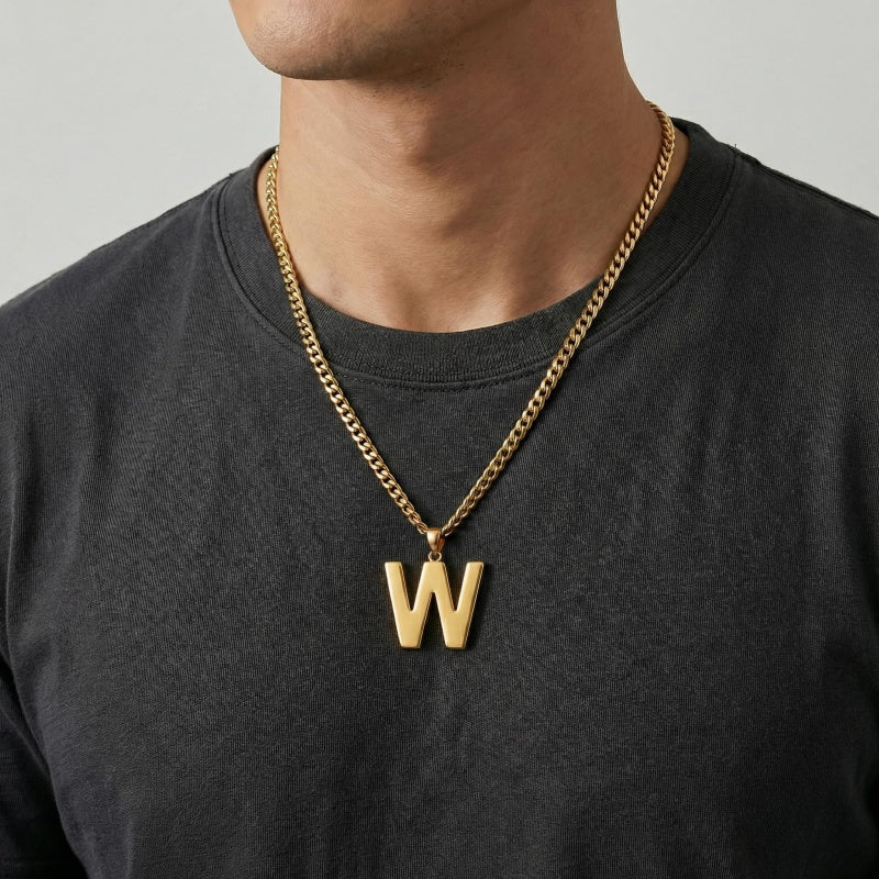 Initial Pendant Necklace 14K Gold Plated with Cuban Chain