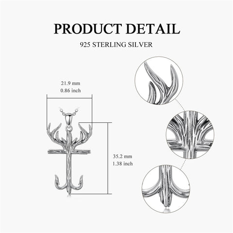 Sterling Silver Cross&Deer Antler Fish Hook Pendant Necklace for Men