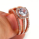 Copper Cubic Zirconia Three-in-One Halo Engagement Wedding Band Ring Set