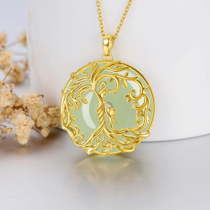 14k Gold Plated Sterling Silver Round Jade Tree of Life Necklace Good Fortune Jewelry for Women