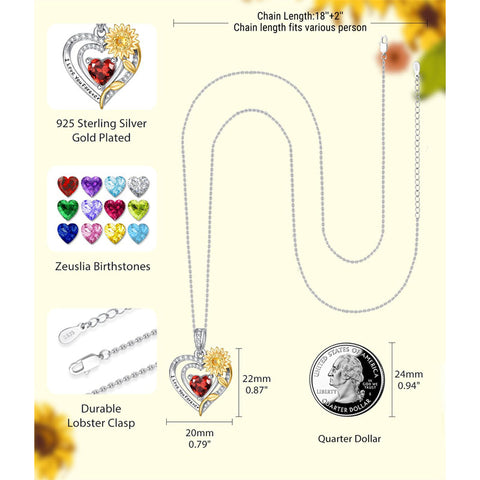 Sterling Silver Heart Birthstone Sunflower Pendant Necklace Engraved with I Love You Forever