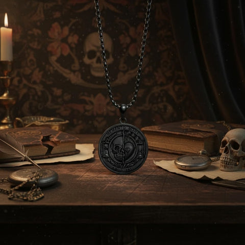 Sterling Silver Memento Mori Gothic Skull Amulet Pendant Necklace for Men