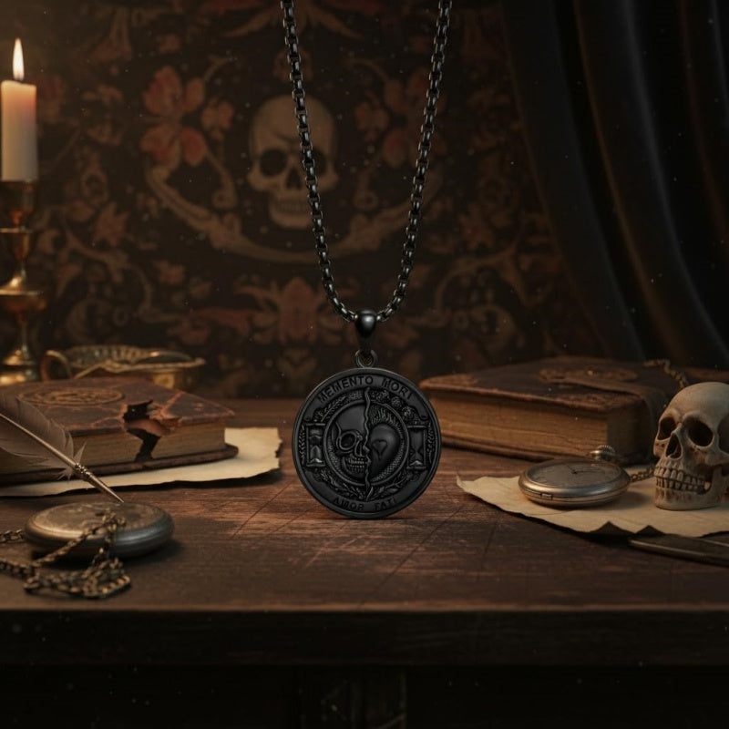 Sterling Silver Memento Mori Gothic Skull Amulet Pendant Necklace for Men