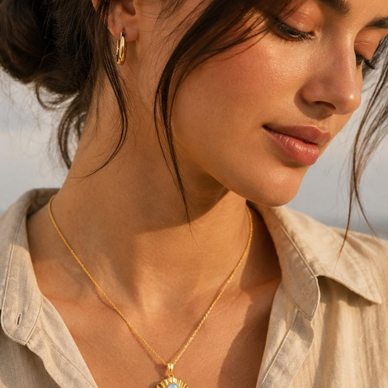 14K Gold Plated Moonstone Octopus Sea Turtle Conch Shell Starfish Seashell Ocean Necklace for Women