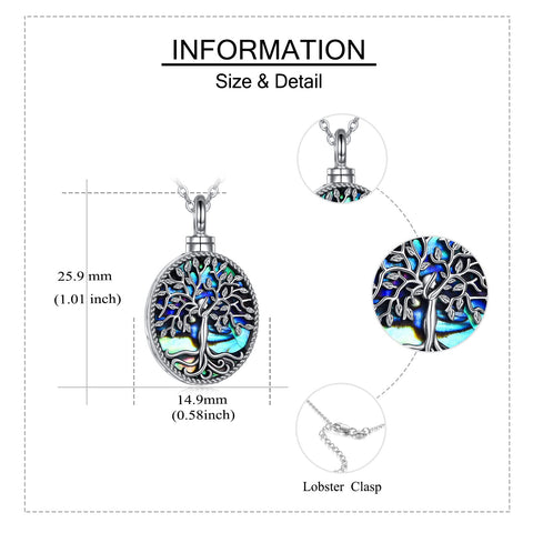 Sterling Silver Tree of Life Urn Necklaces Abalone Opal Shell Cremation Jewelry for Ashes