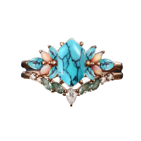 Sterling Silver 10K 14K 18K Gold Turquoise Engagement  Wedding Ring Set for Women