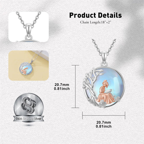 Sterling Silver Moonstone Tree of Life Art Book Pendant Necklace for Book Lover