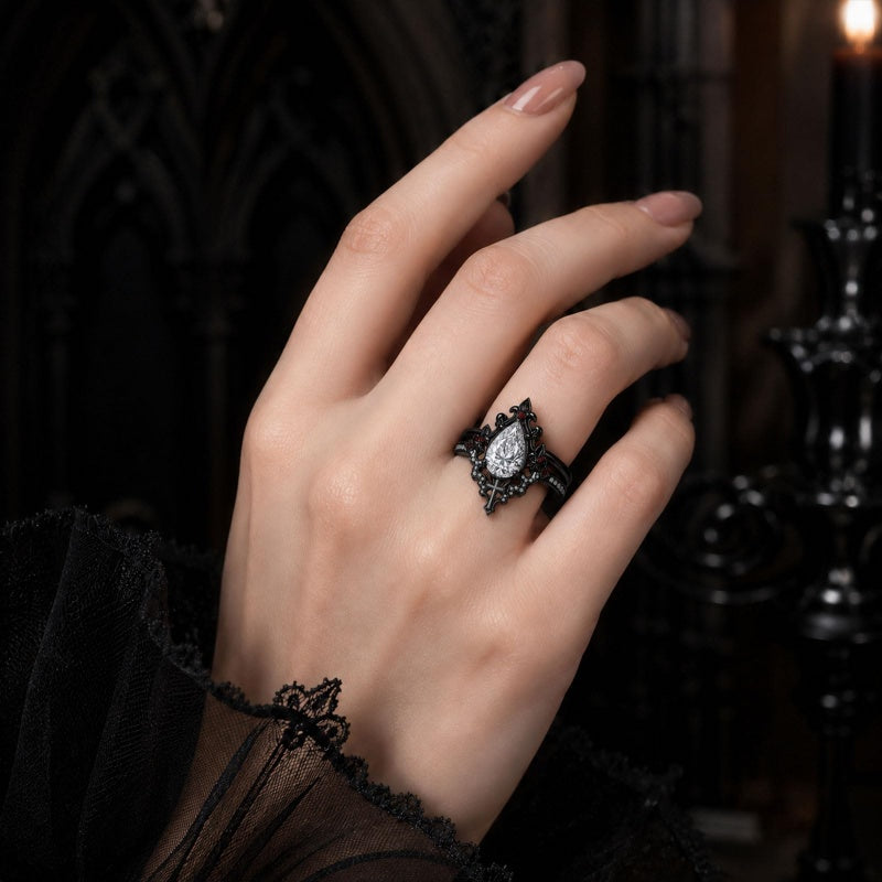 Sterling Silver 10K 14K 18K Gold Moissanite Gothic Black  Engagement Wedding Ring  for Women Halloween Gift