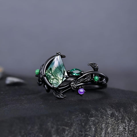 Sterling Silver 2CT Moss Agate  Engagement Wedding Ring Sets for Women
