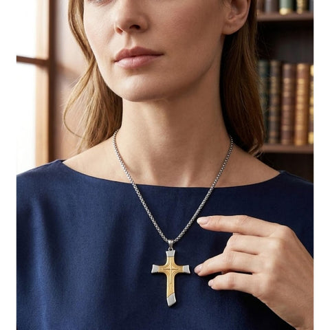 14K Gold Plated Two Tone Cross Pendant Necklace Christian Jewelry Religious Gift