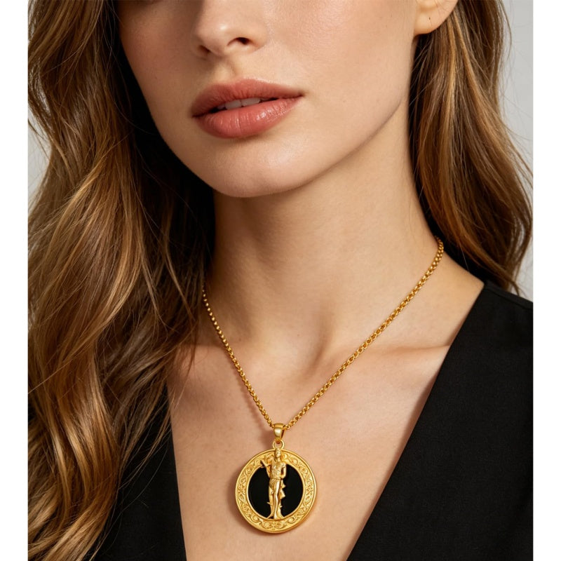 14K Gold Plated Black Onyx Patron Saint Medal Religious Amulet Pendant Necklace for Men