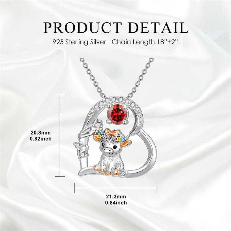 Sterling Silver Round Heart Birthstone Highland Cow Pendant Necklace Fluffy Cow Jewelry Gifts Birthday Christmas