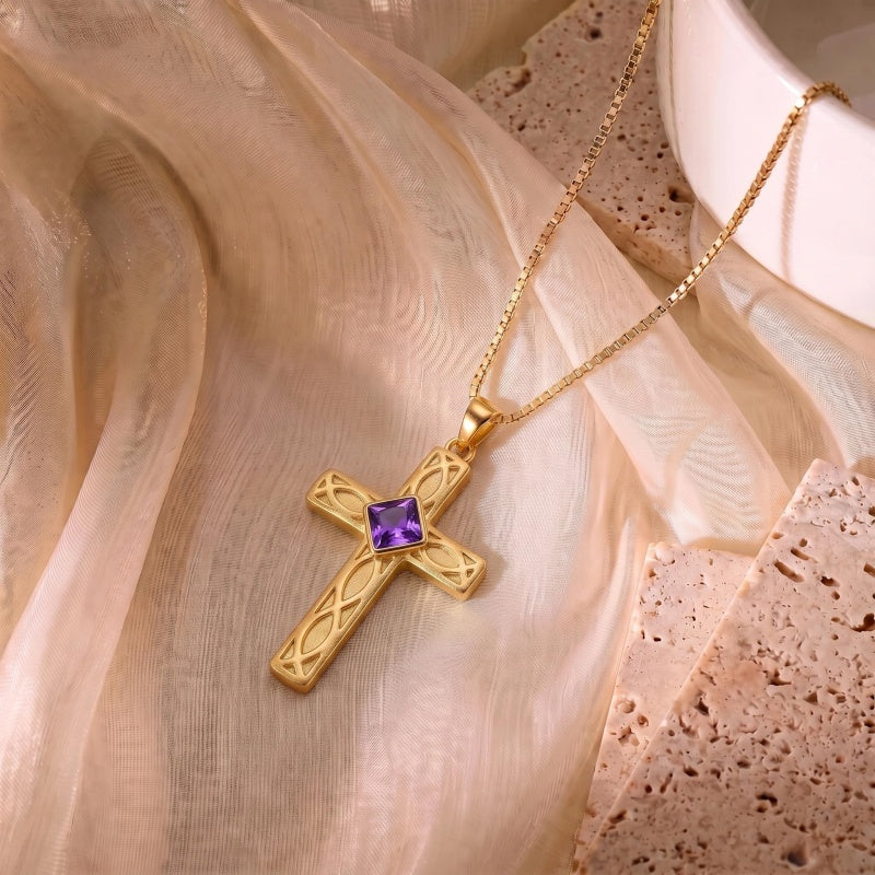 14K Gold Plated Birthstone Cross Pendant Necklace for Women  Anniversary Christmas Birthday Gift
