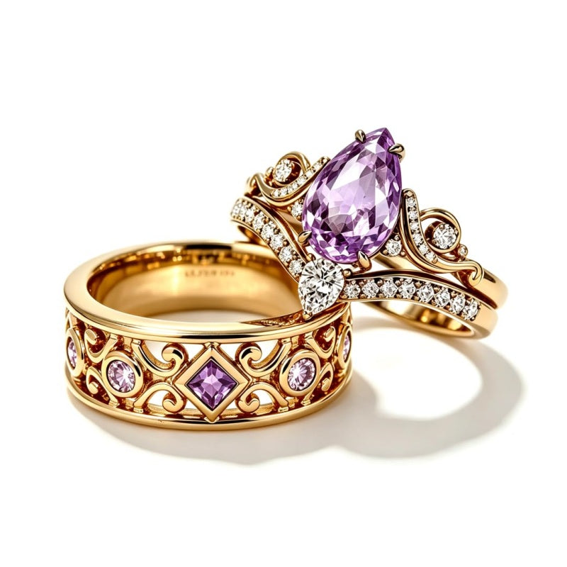 Sterling Silver 10K 14K 18K Gold Purple Gemstone Amethyst  Rings Set Couple Promise Rings Wedding Anniversary Rings
