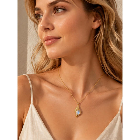 14K Gold Plated Moonstone Octopus Sea Turtle Conch Shell Starfish Seashell Ocean Necklace for Women