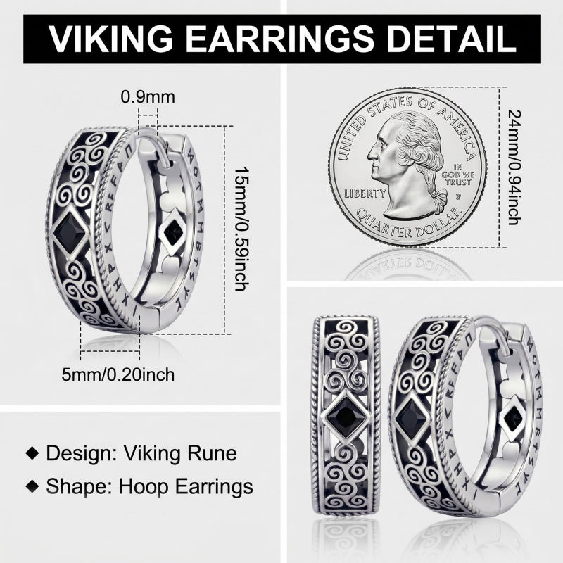 14K Gold Plated  Cubic Zircon Norse Viking Runes Hoop Earrings Viking Jewelry Gift for Men