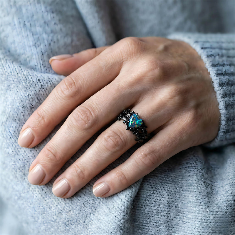 Sterling Silver 10K  14K  18K  Gold Personalized Engraved Black Opal Engagement Wedding Promise Ring for Her
