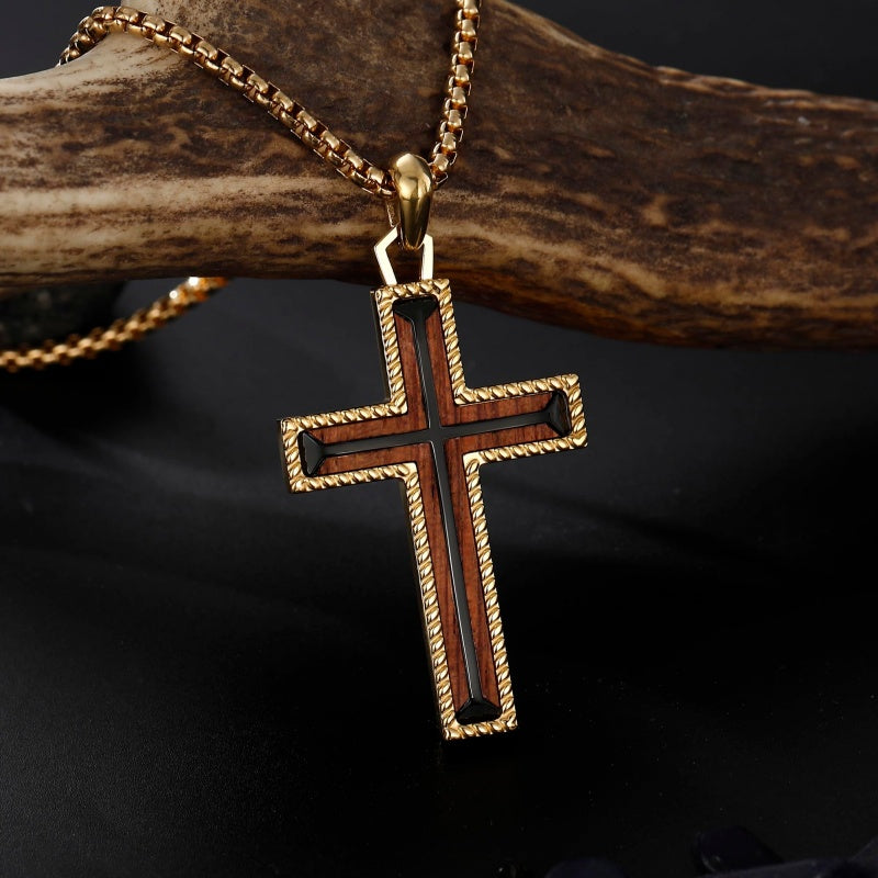 14K Gold Plated Wooden Cross Necklace Jewelry Gift for Him