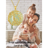 14k Gold Plated Sterling Silver Round Jade Tree of Life Necklace Good Fortune Jewelry for Women
