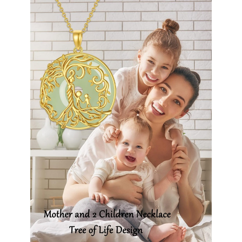 14k Gold Plated Sterling Silver Round Jade Tree of Life Necklace Good Fortune Jewelry for Women