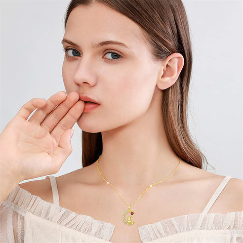 14K Gold Garnet Moissanite Elephant Moon Pendant Necklace