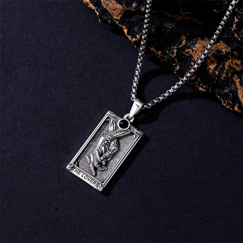 Sterling Silver Obsidian Lover Justice Cat Sun Moon Tarot Card Pendant Necklace