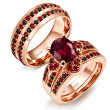 Sterling Silver 10K 14K 18K Gold Personalized Engraved  Halloween Dark Red Gemstone Couple Ring Set