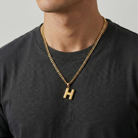 Initial Pendant Necklace 14K Gold Plated with Cuban Chain