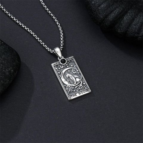 Sterling Silver Obsidian Lover Justice Cat Sun Moon Tarot Card Pendant Necklace