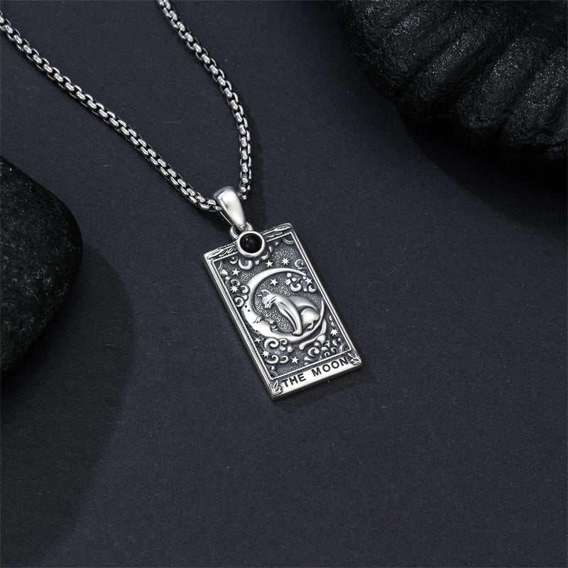 Sterling Silver Obsidian Lover Justice Cat Sun Moon Tarot Card Pendant Necklace