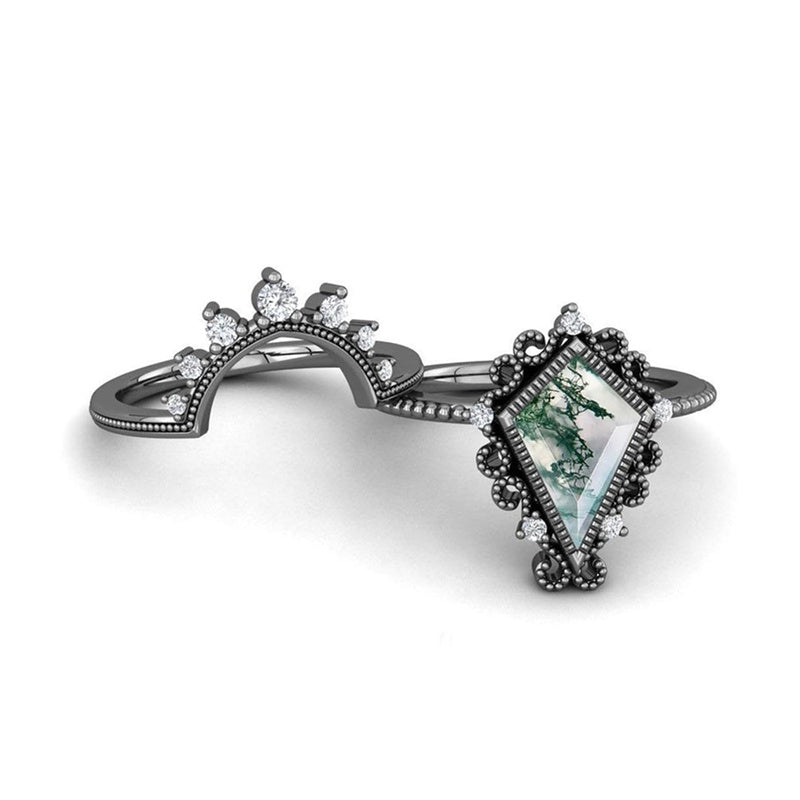 Sterling Silver 10K 14K 18K Gold Vintage Nature Moss Agate Engagement Ring Sets for Women